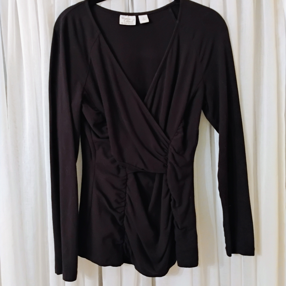 Women with Control Black Knit Shirred Surplice Fitted Top